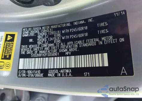 2015 Toyota Highlander Le Plus V6 z USA, uszkodzony, nr VIN 5TDZKRFH2FS058961